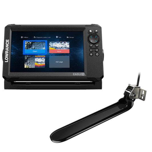 Lowrance Eagle 9 fish finder with TripleShot transducer and inland charts featuring high-resolution 9-inch display, CHIRP sonar, SideScan, and DownScan imaging for precise freshwater navigation and fishing.