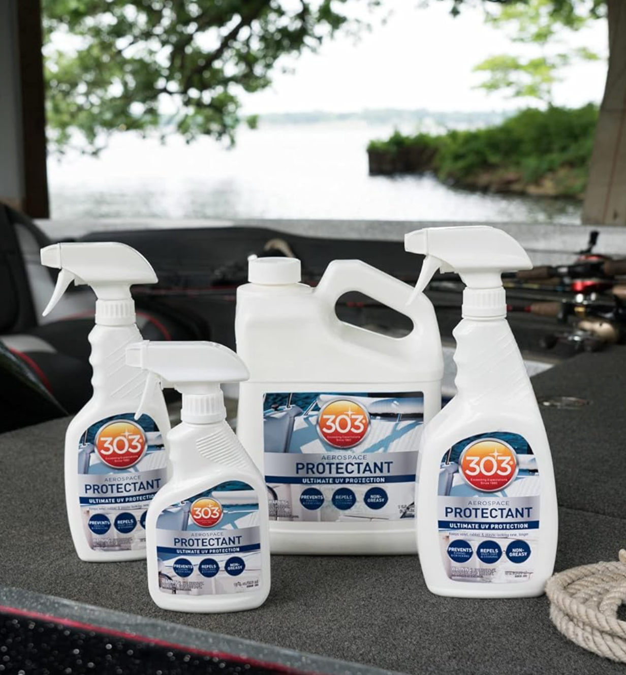 Collection of 303 Protectant bottles on a car dashboard with a scenic background.