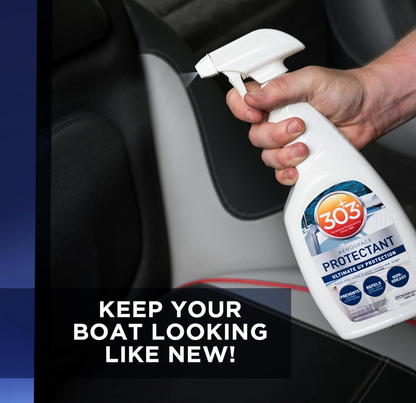 Hand holding a 303 boat protectant spray bottle with text promoting keeping a boat looking like new.