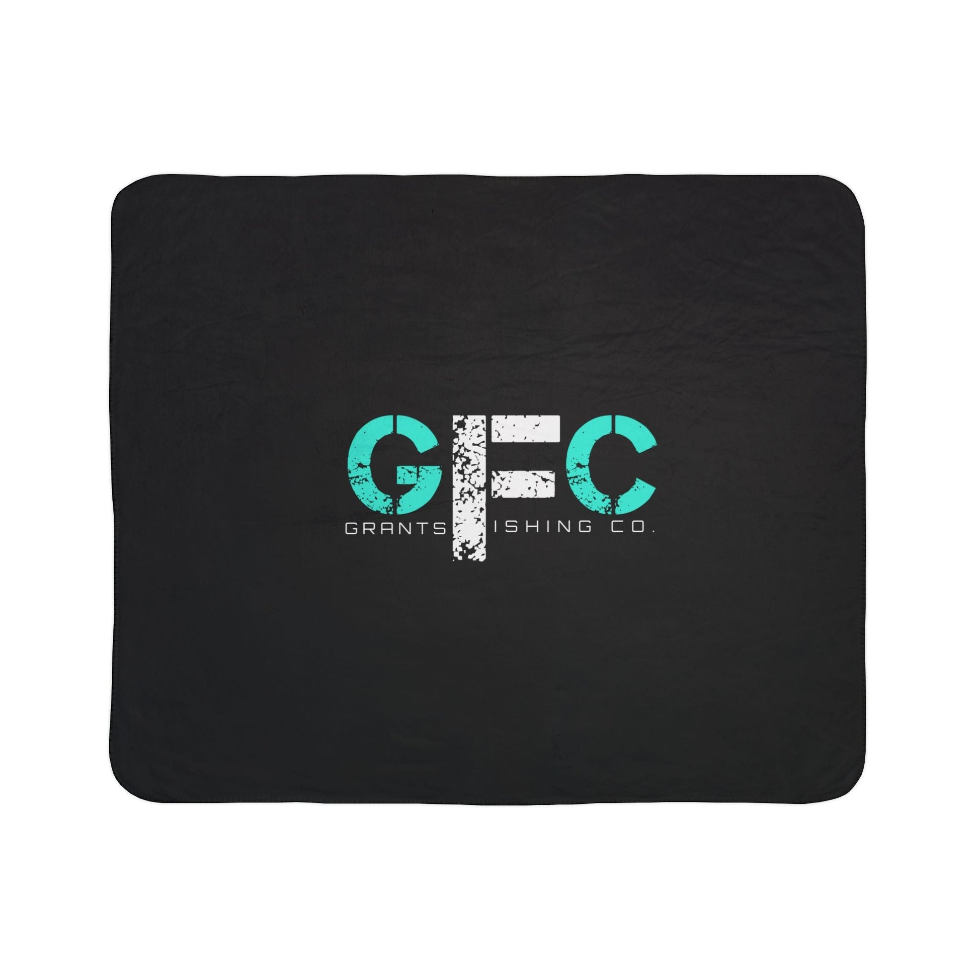 Black pillow with a logo and text on a white background