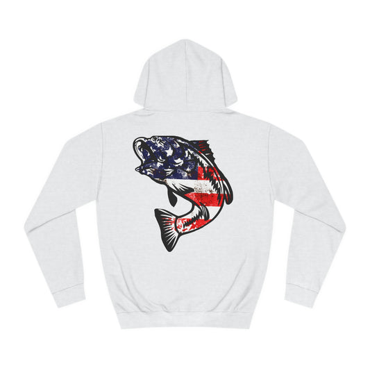 A white hoodie with a vibrant graphic of an American flag and a bass on the front.