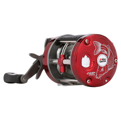 Red Abu Garcia fishing reel on a white background