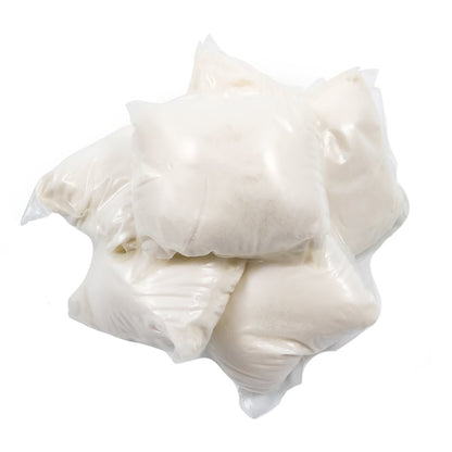 White mushrooms in a clear plastic bag on a white background