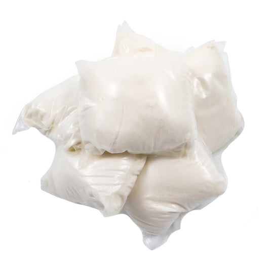 White mushrooms in a clear plastic bag on a white background
