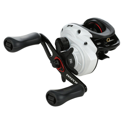 Fishing reel with red accents on a white background