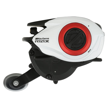 Fishing reel with red accents on a white background