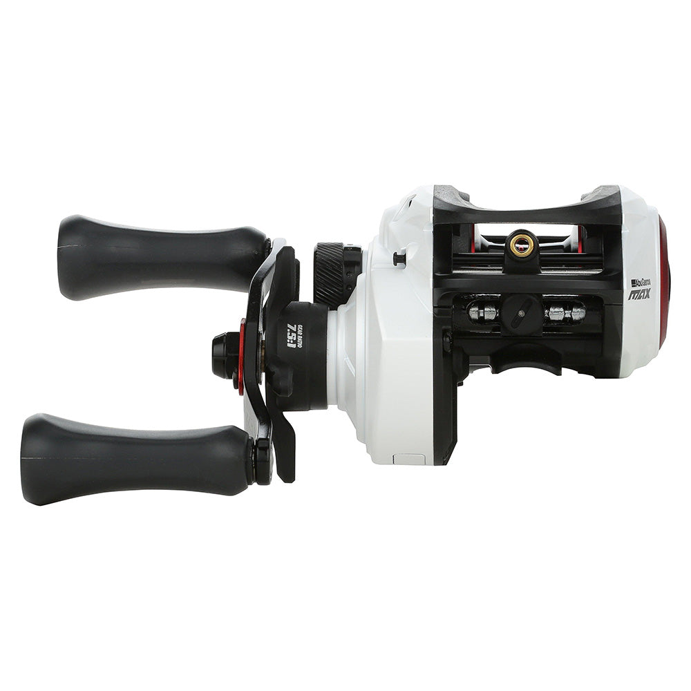 Fishing reel with red accents on a white background