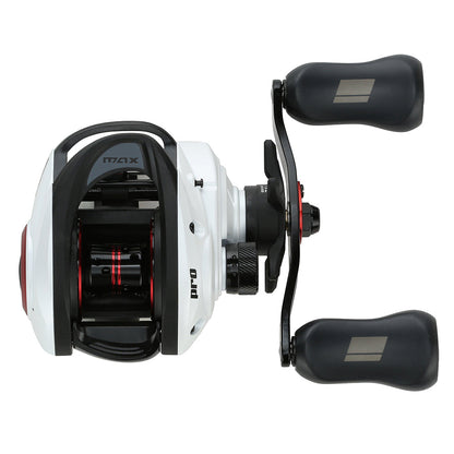 Fishing reel with red accents on a white background