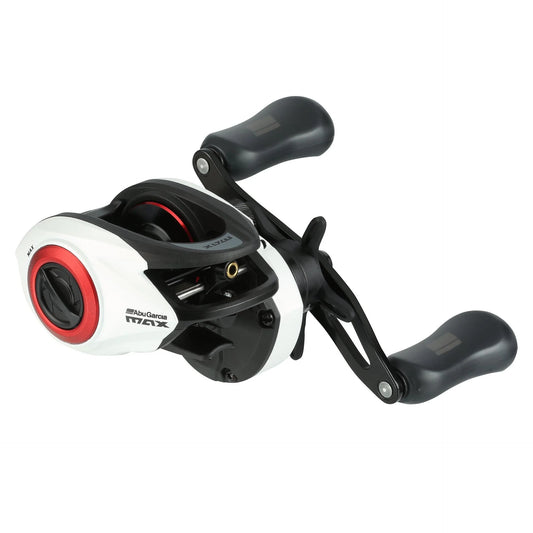 Fishing reel with red accents on a white background