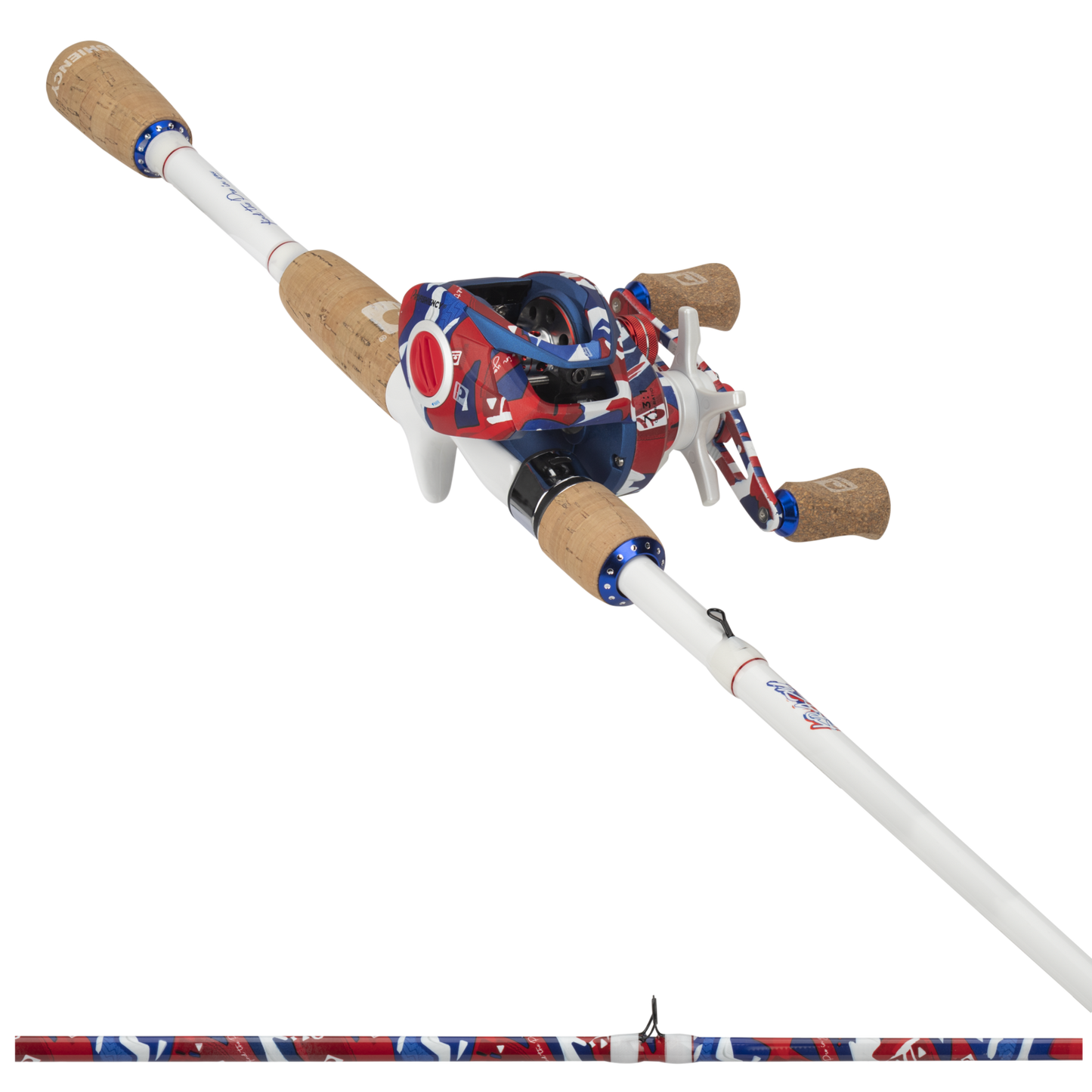 Fishing rod with cork handles and a colorful reel on a white background
