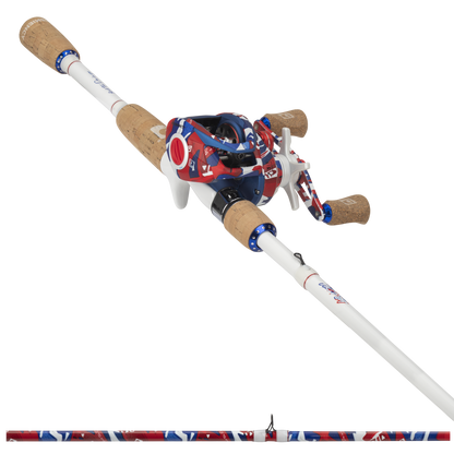 Fishing rod with cork handles and a colorful reel on a white background
