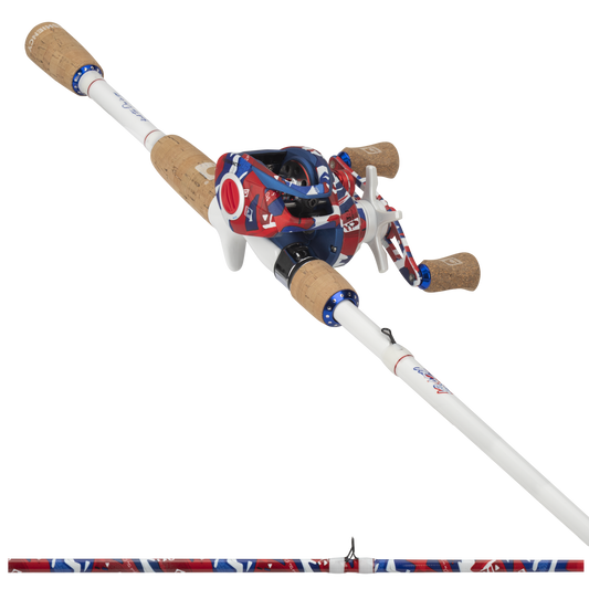 Fishing rod with cork handles and a colorful reel on a white background