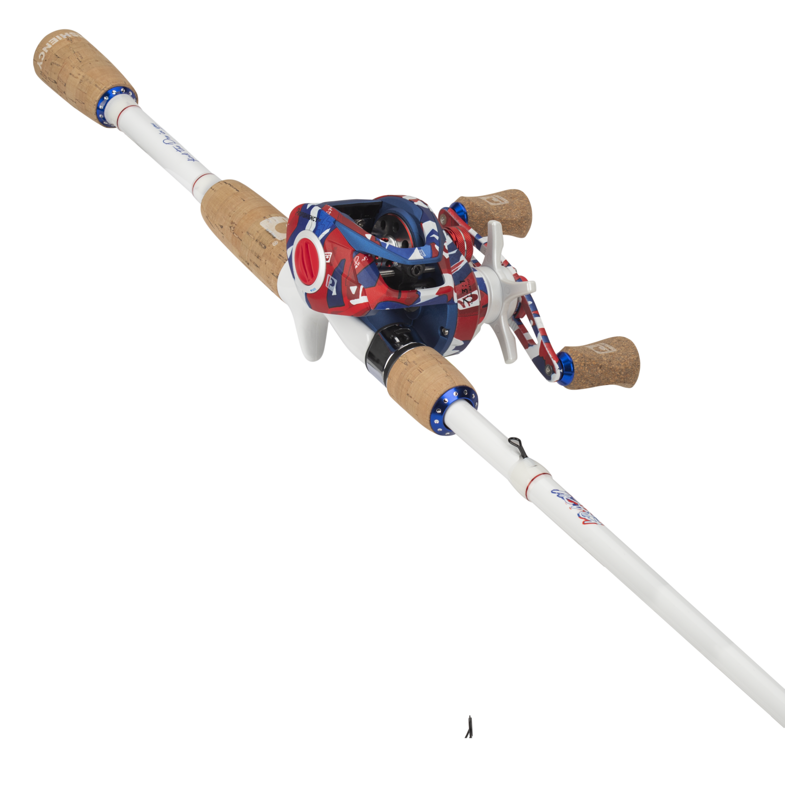 Fishing rod with cork handles and colorful reel on a white background