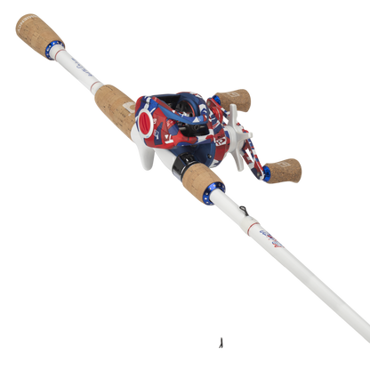 Fishing rod with cork handles and colorful reel on a white background