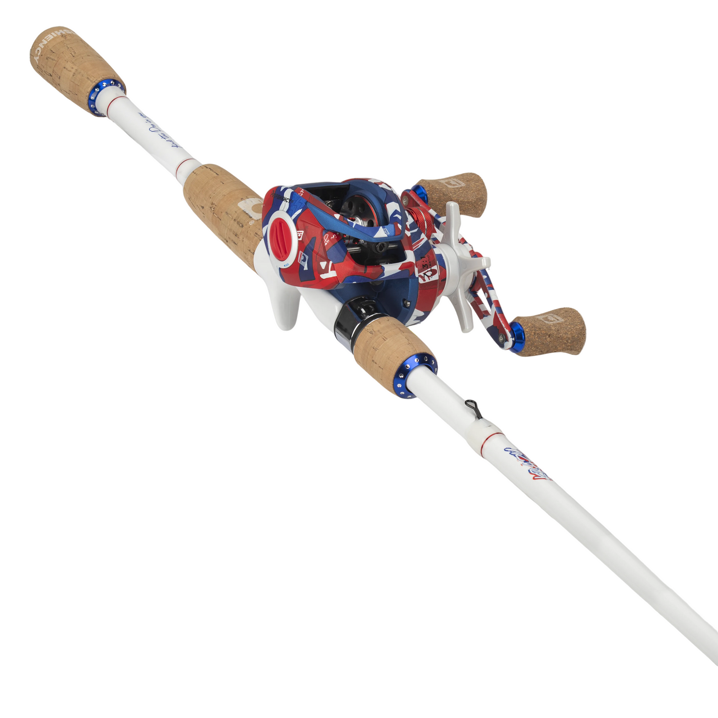 Fishing rod with cork grips and colorful reel on a white background
