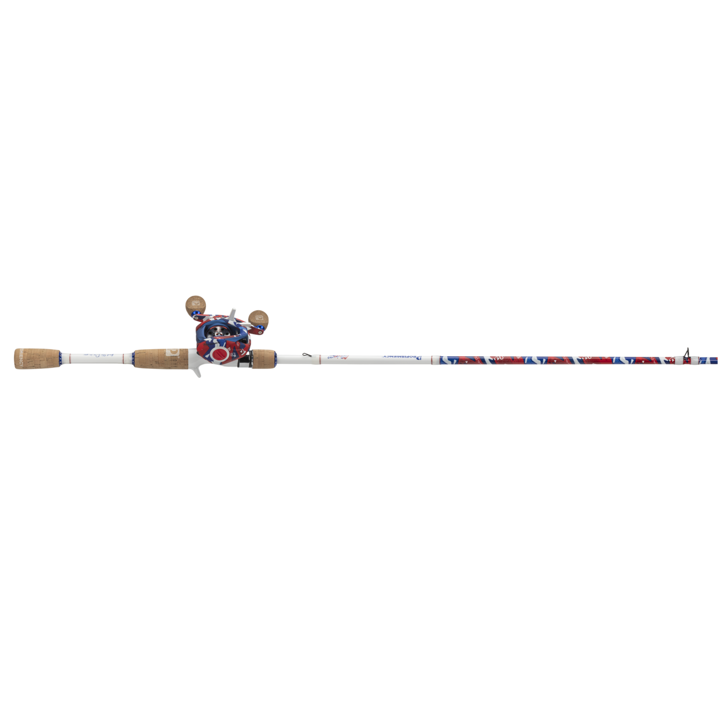 Fishing rod with cork grips and colorful reel on a white background