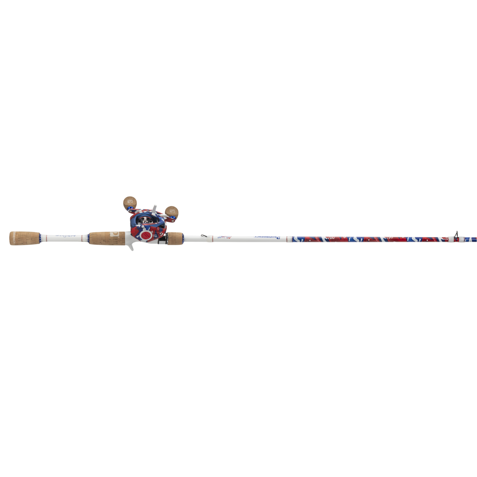 Fishing rod with cork grips and colorful reel on a white background