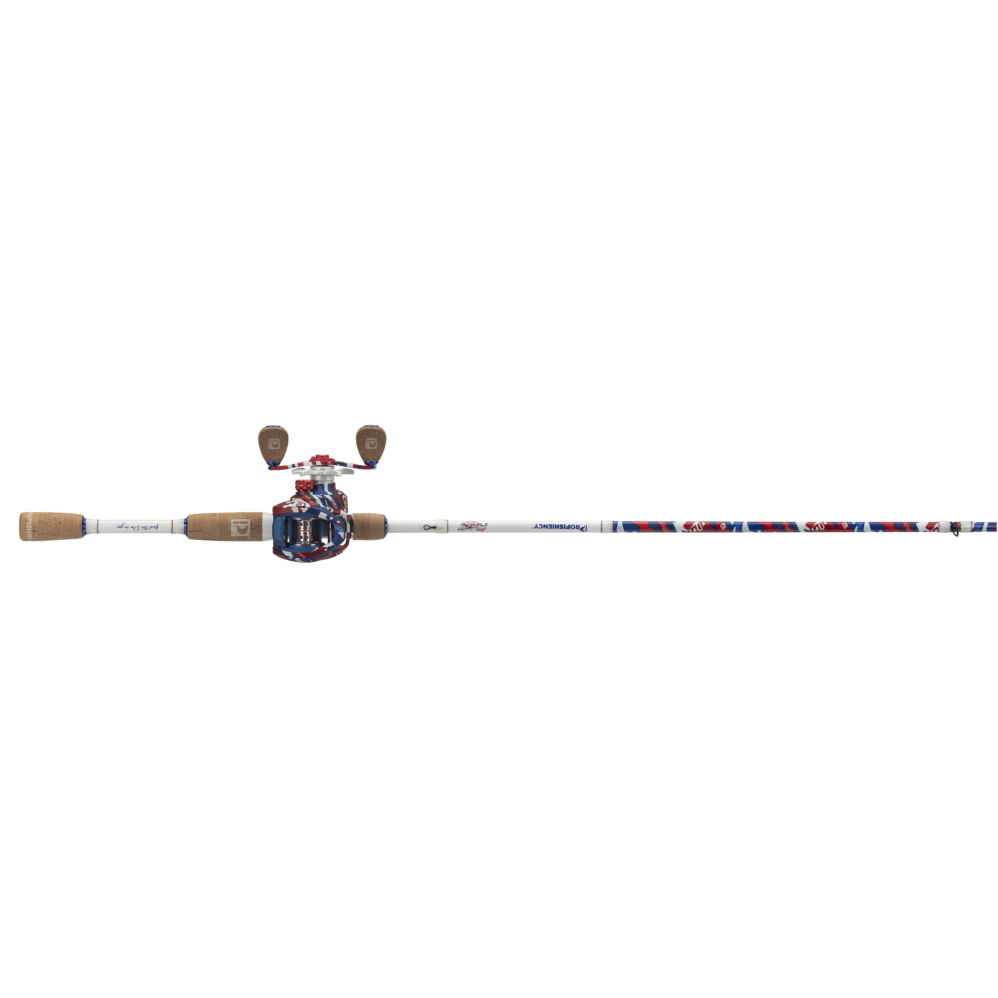 Fishing rod with cork grips and colorful reel on a white background