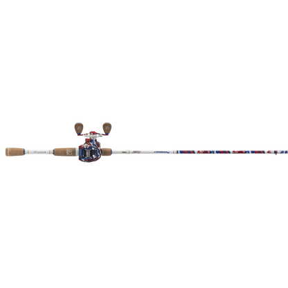 Fishing rod with cork grips and colorful reel on a white background