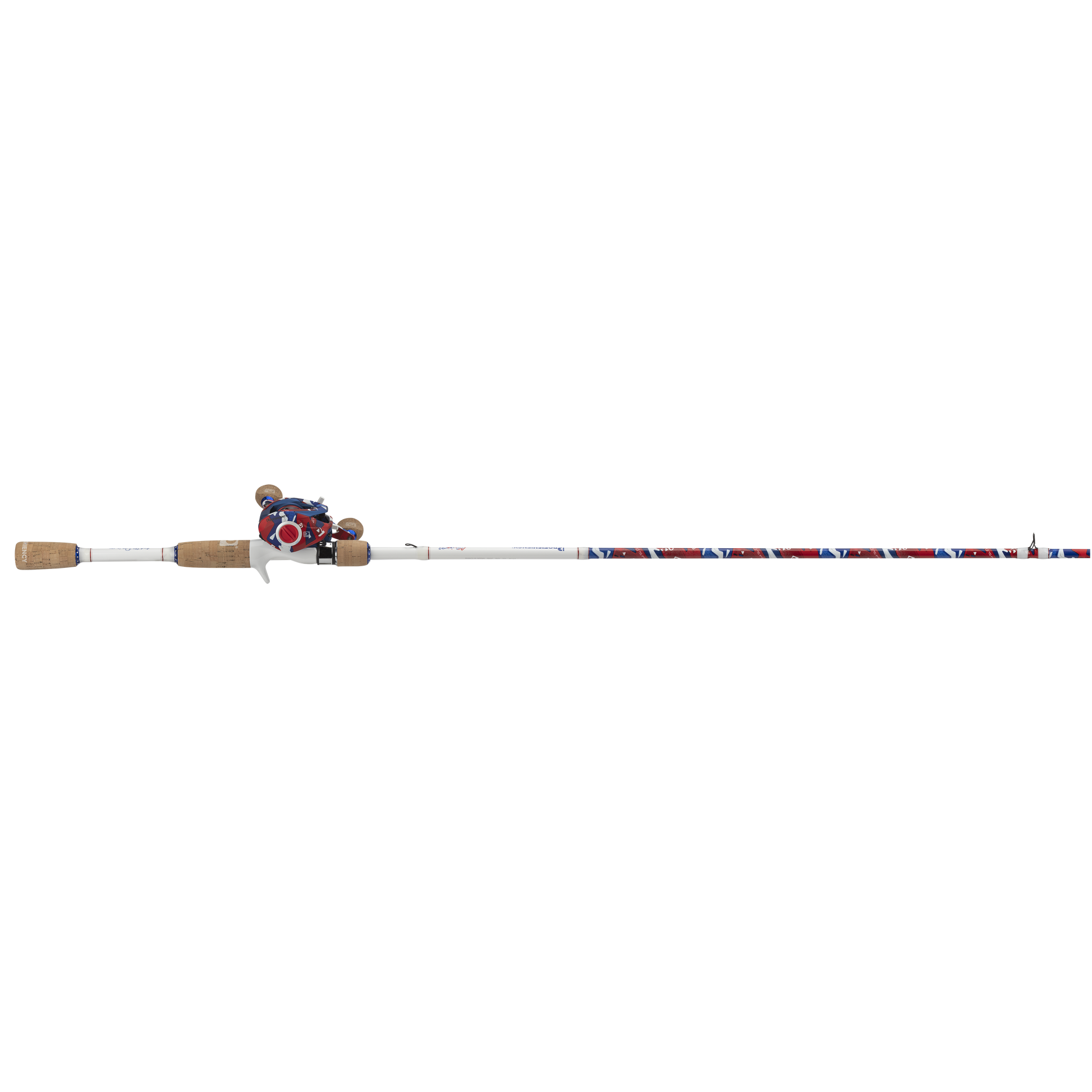 Fishing rod with cork grips and colorful reel on a white background
