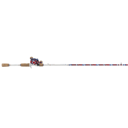 Fishing rod with cork grips and colorful reel on a white background