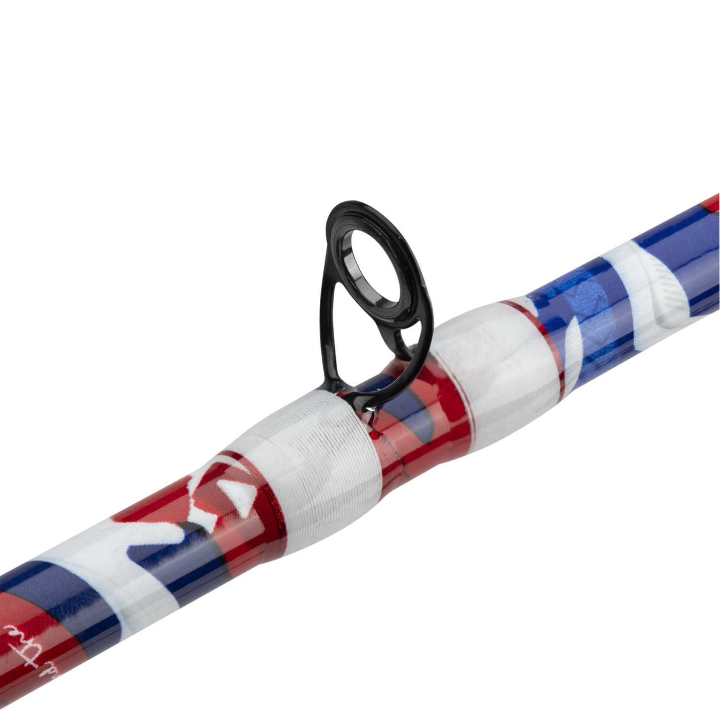 Close-up of a fishing rod with a colorful handle on a white background