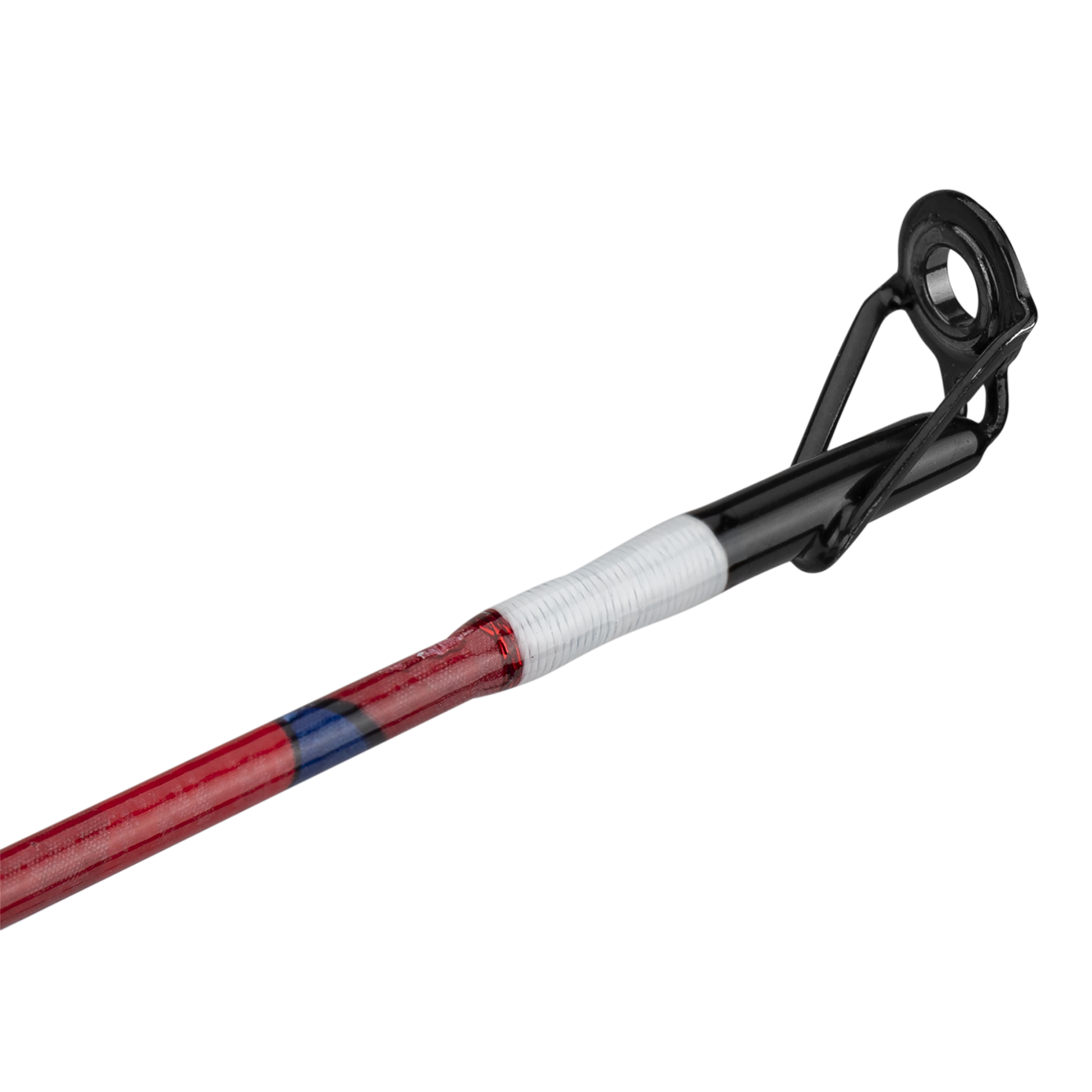 Red and black fishing rod with white handle on a white background