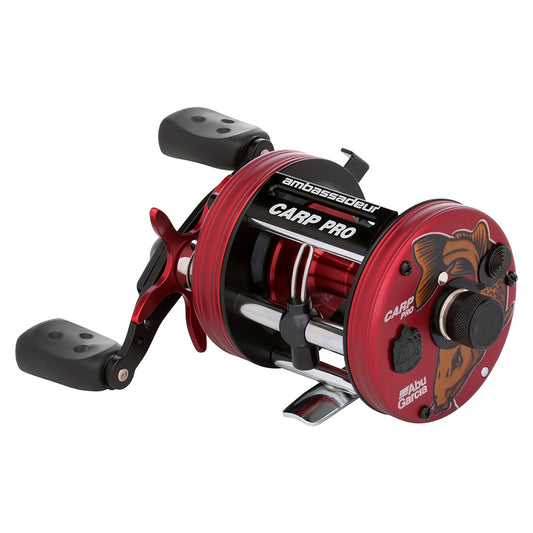 Red and black Abu Garcia Carp Pro fishing reel on a white background