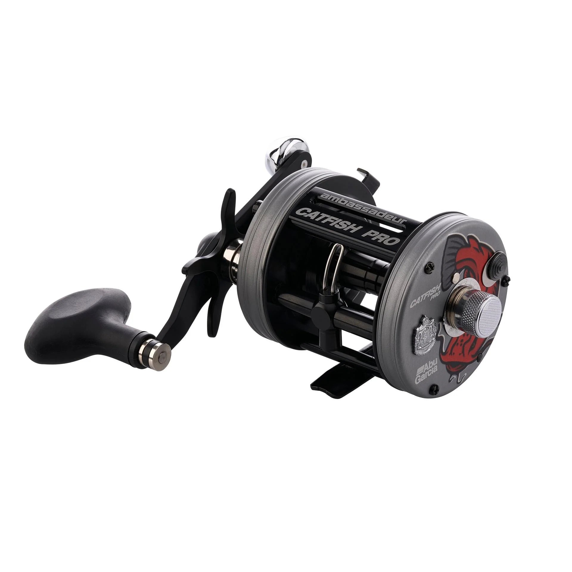 Fishing reel with 'Catfish Pro' branding on a white background