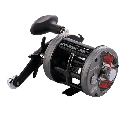 Fishing reel with 'Catfish Pro' branding on a white background