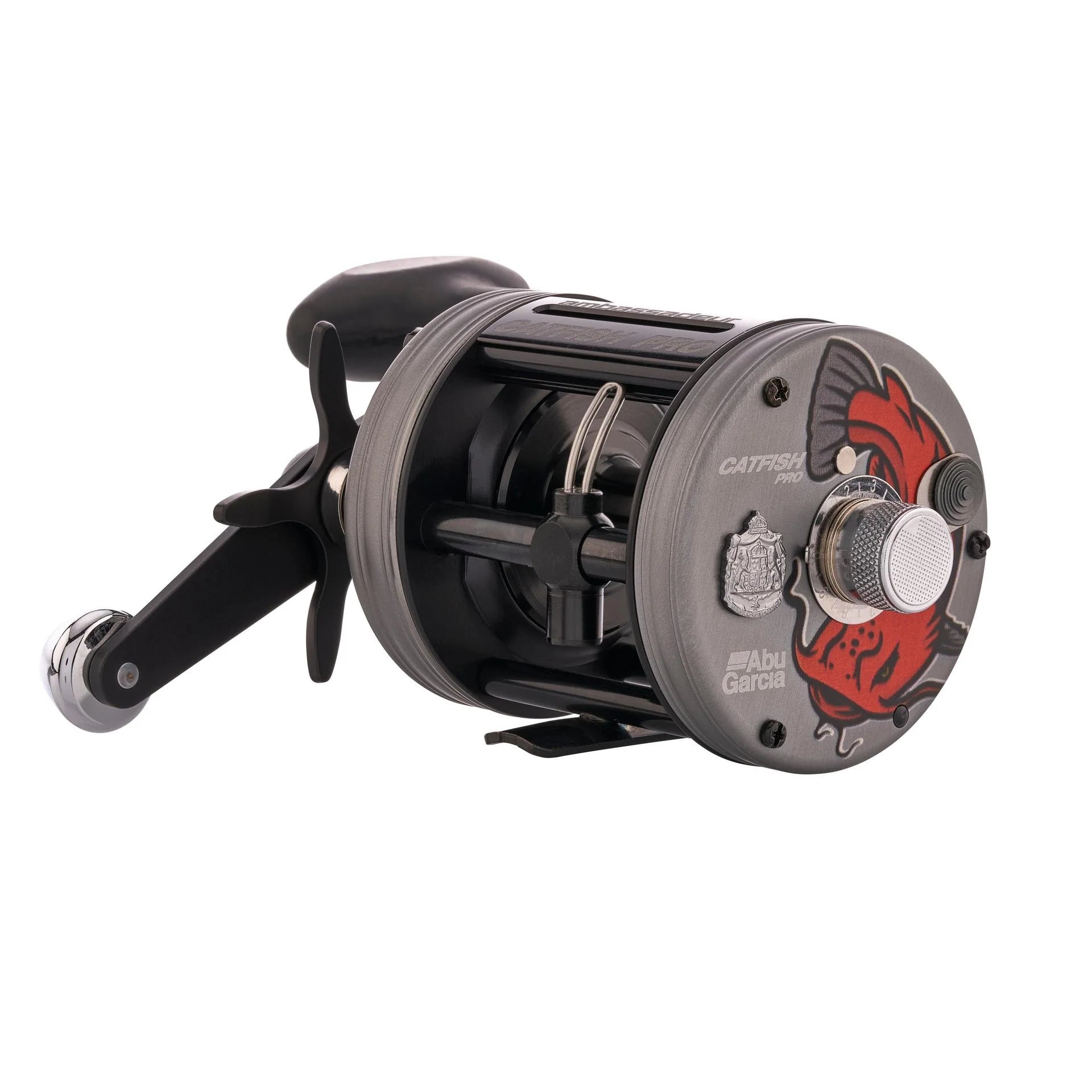 Fishing reel with brand logo on a white background