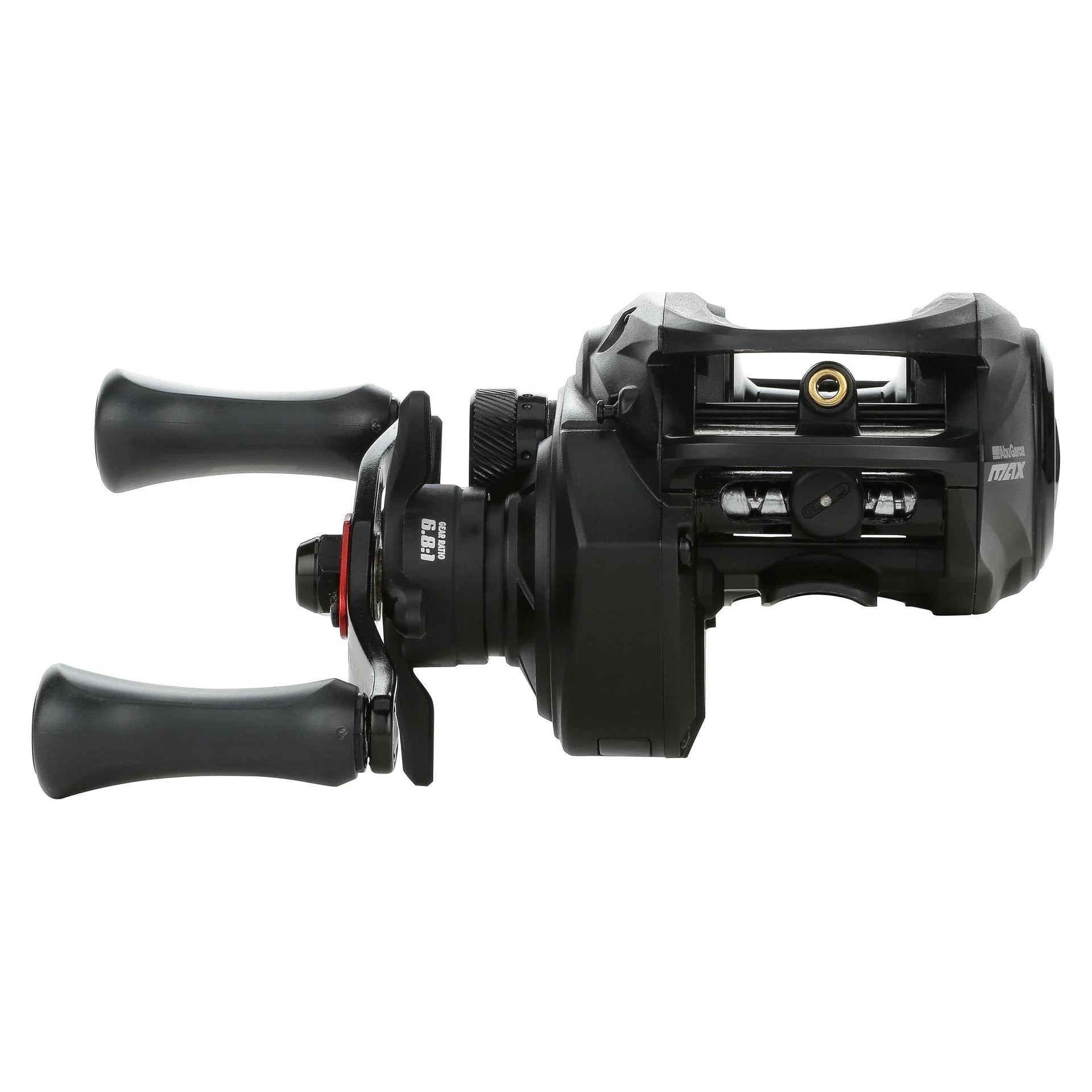 Black fishing reel with dual handles on a white background