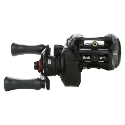 Black fishing reel with dual handles on a white background