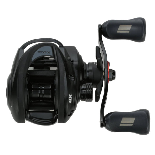 Fishing reel with 'max' and 'sx' branding on a white background