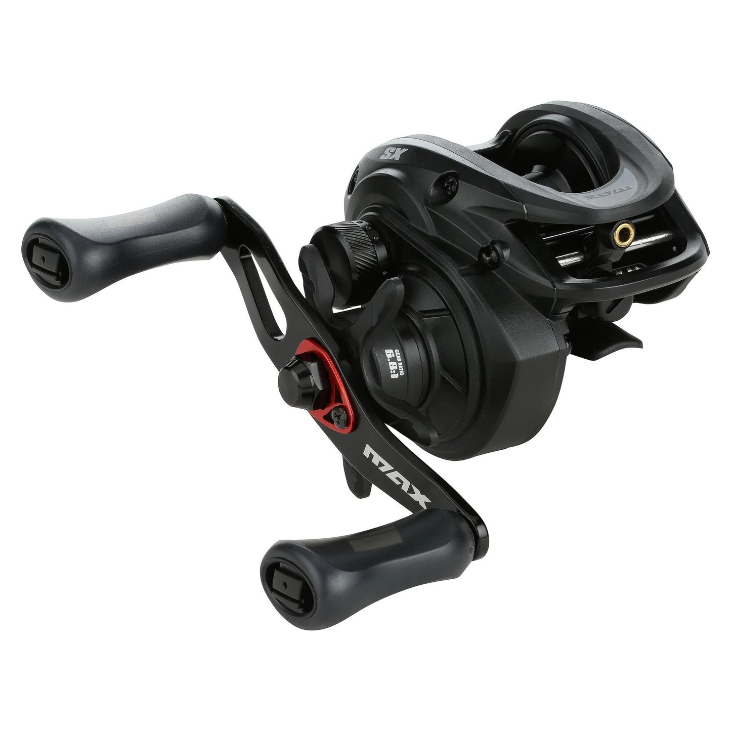 Black fishing reel with visible brand name on a white background