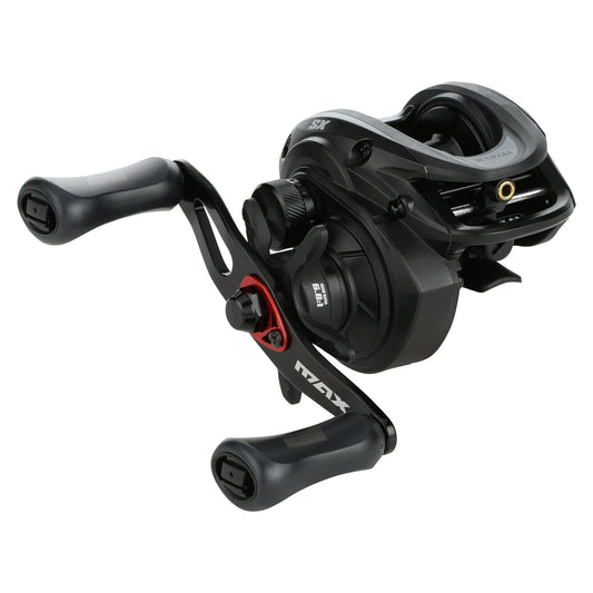 Black fishing reel with visible brand name on a white background