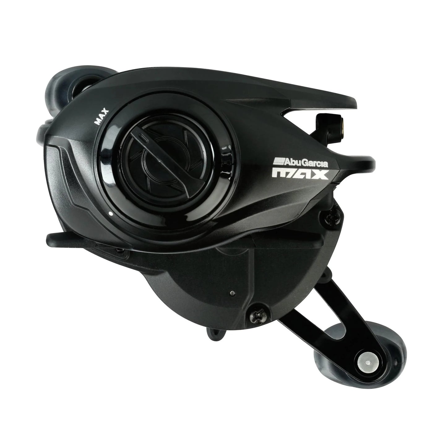 Black Abu Garcia MAX fishing reel on a white background
