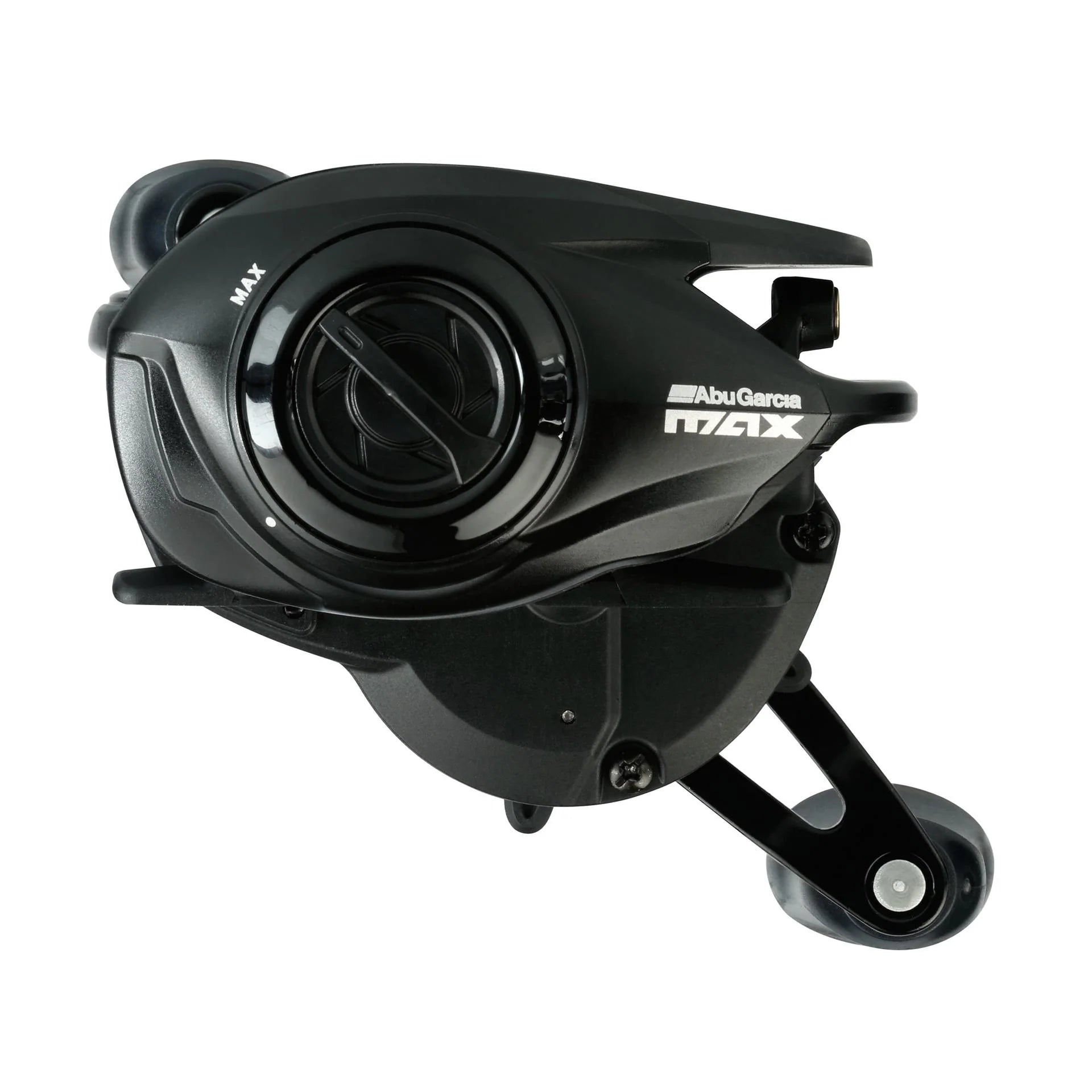 Black Abu Garcia MAX fishing reel on a white background