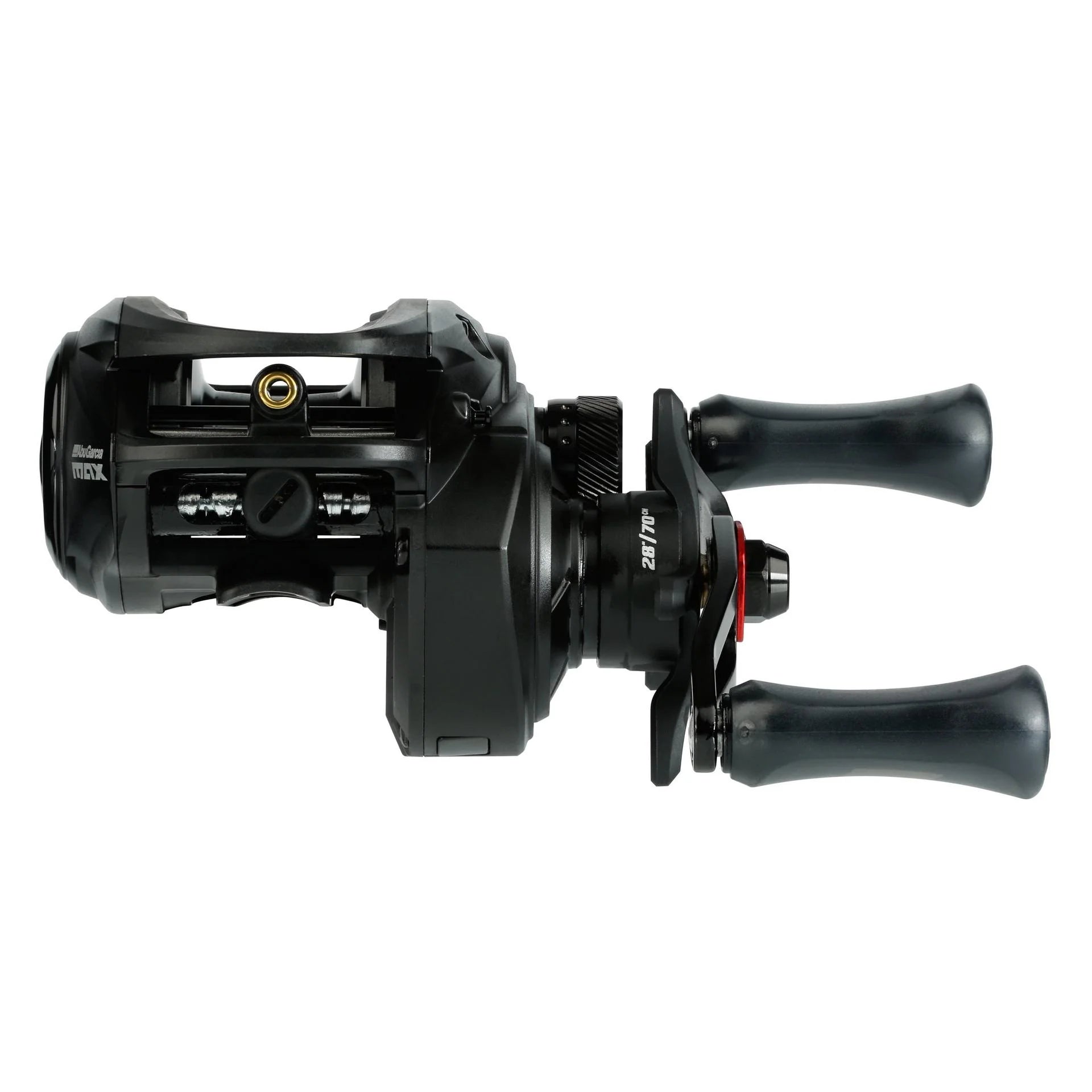 Black fishing reel on a white background