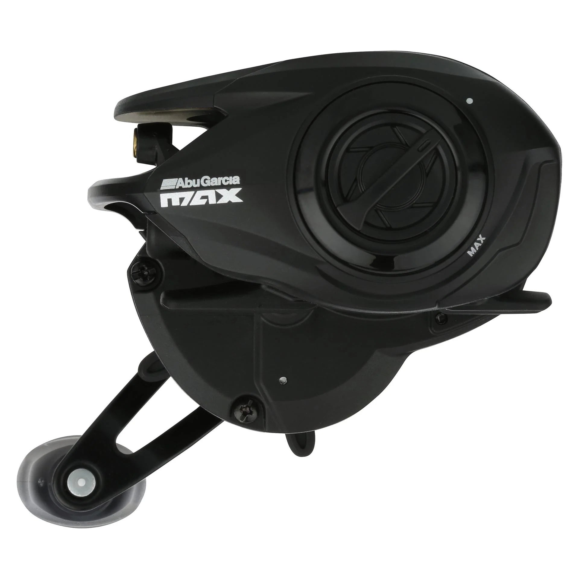 Black Abu Garcia Max fishing reel on a white background