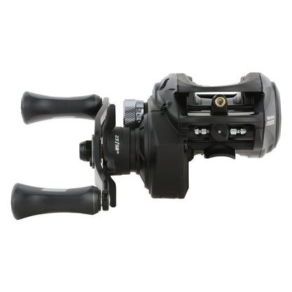 Black fishing reel on a white background