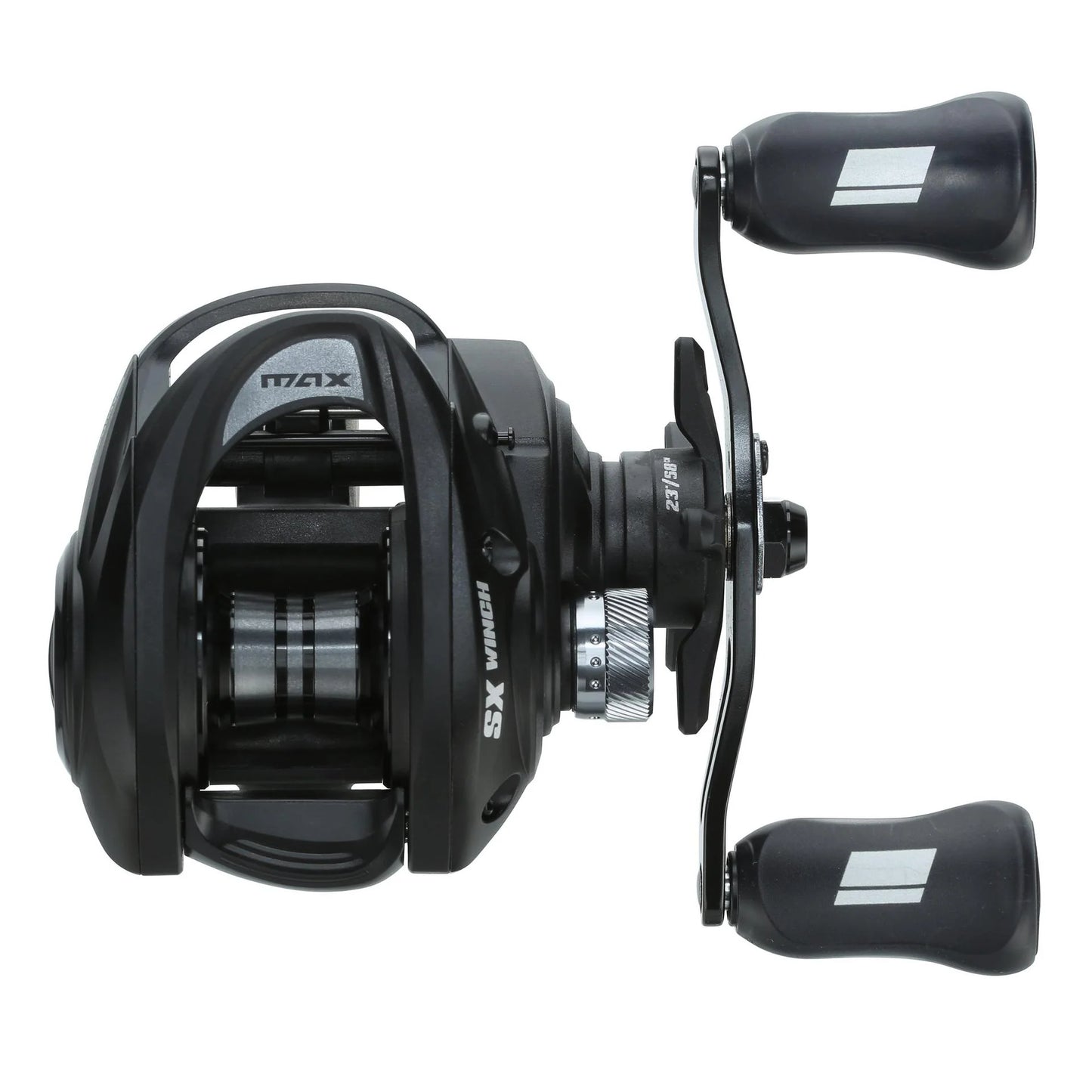 Black fishing reel with dual handles on a white background
