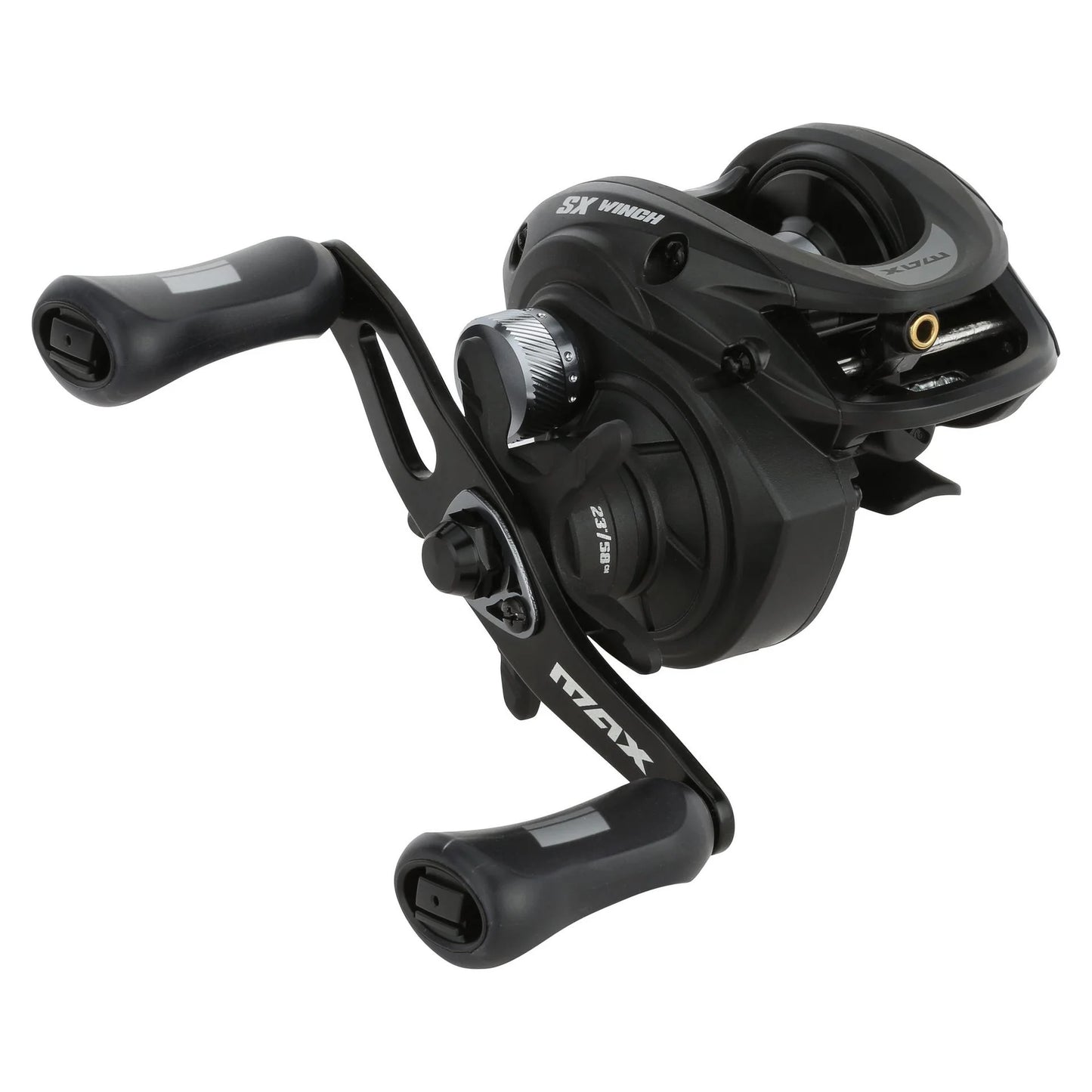 Black fishing reel on a white background