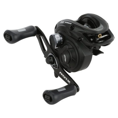 Black fishing reel on a white background