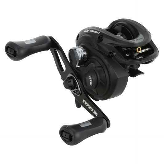 Black fishing reel on a white background