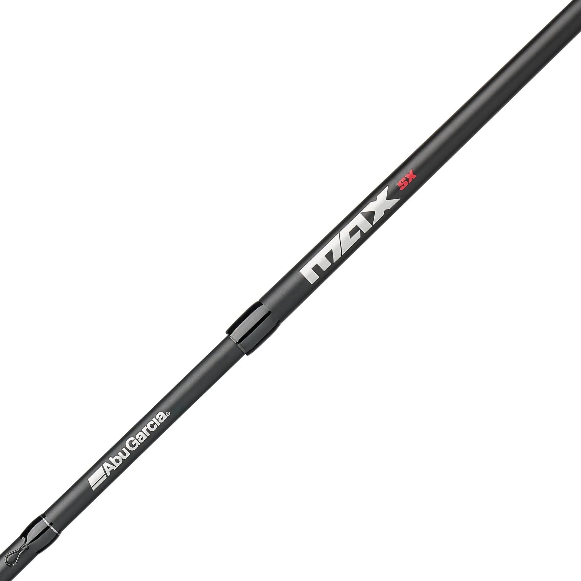 Black fishing rod with Abu Garcia branding on a white background