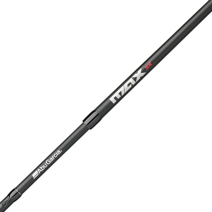 Black fishing rod with Abu Garcia branding on a white background