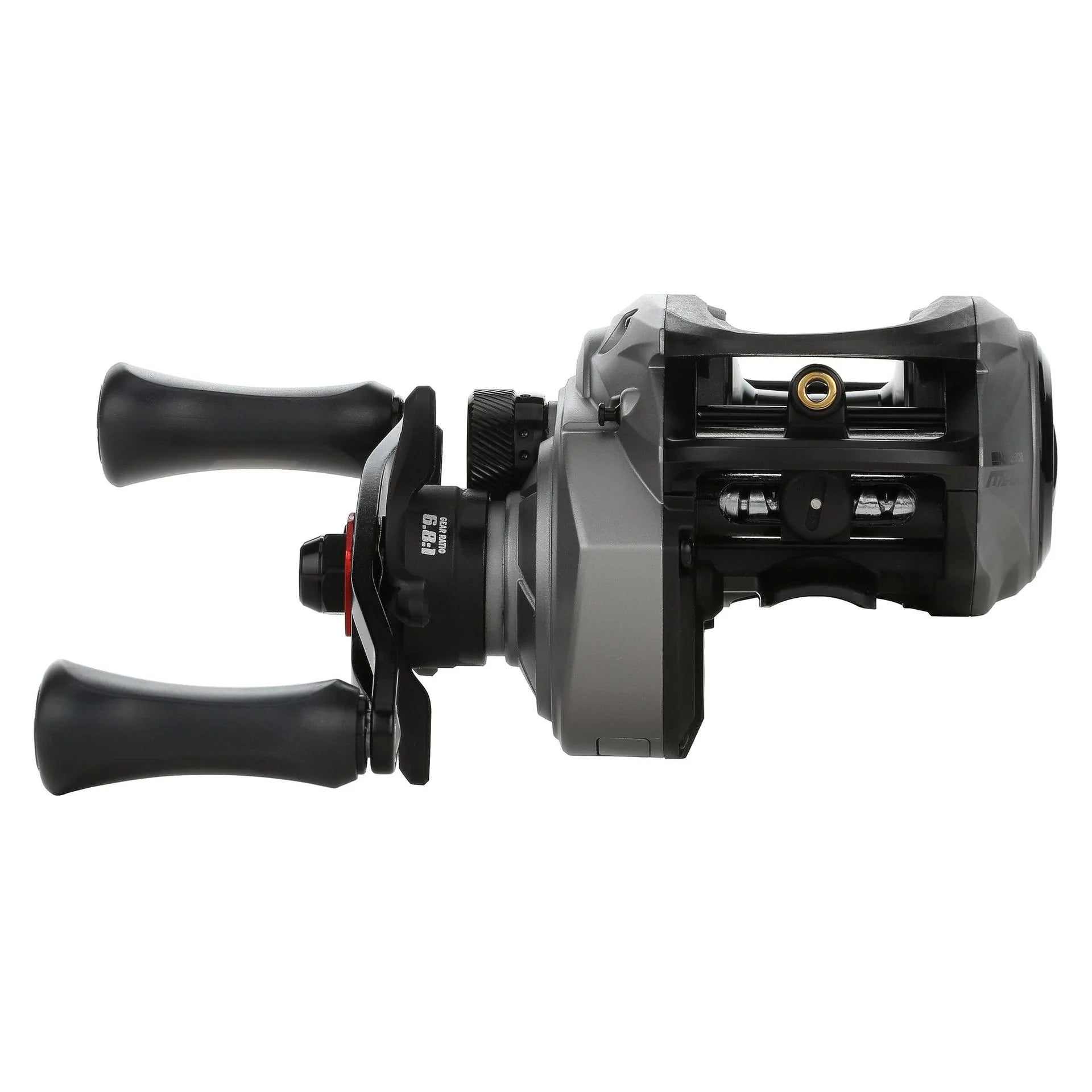 Fishing reel with black handles on a white background