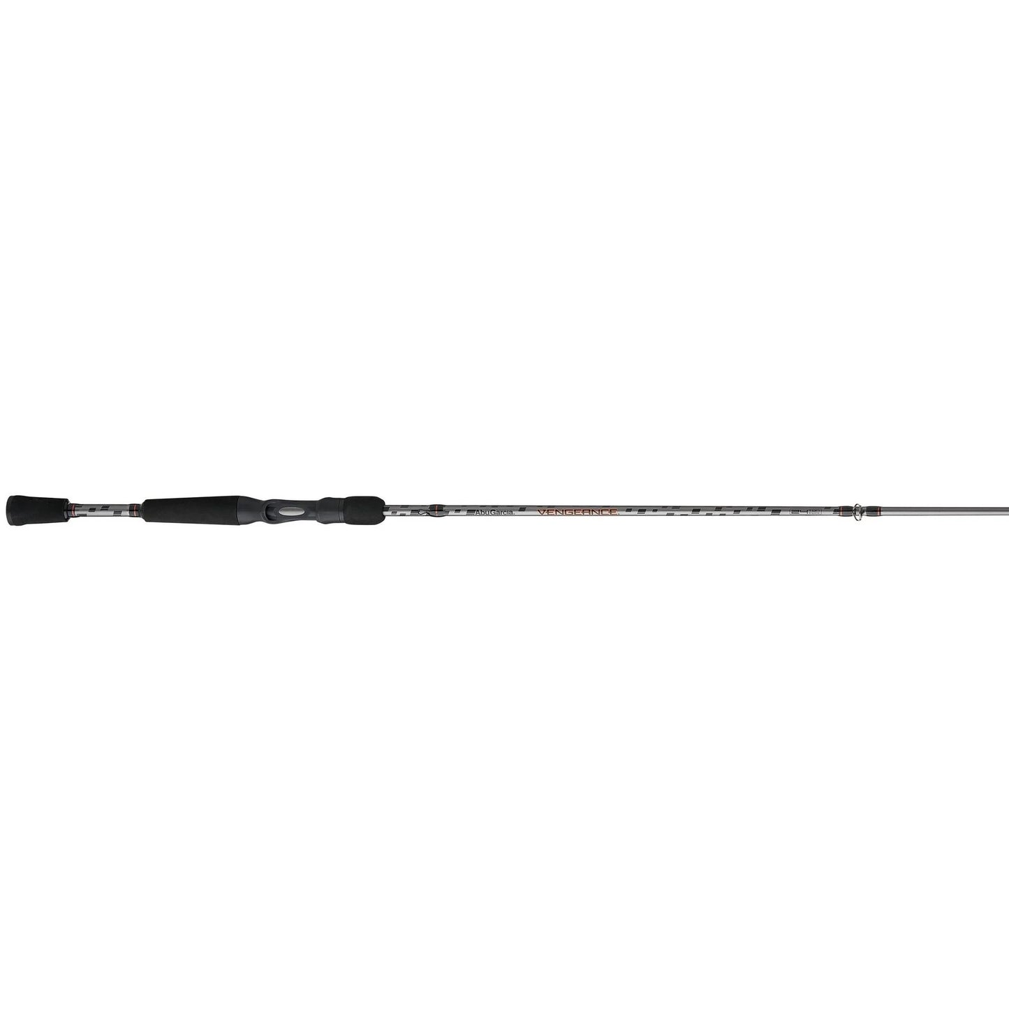 Fishing rod with black handle and silver rod on a white background