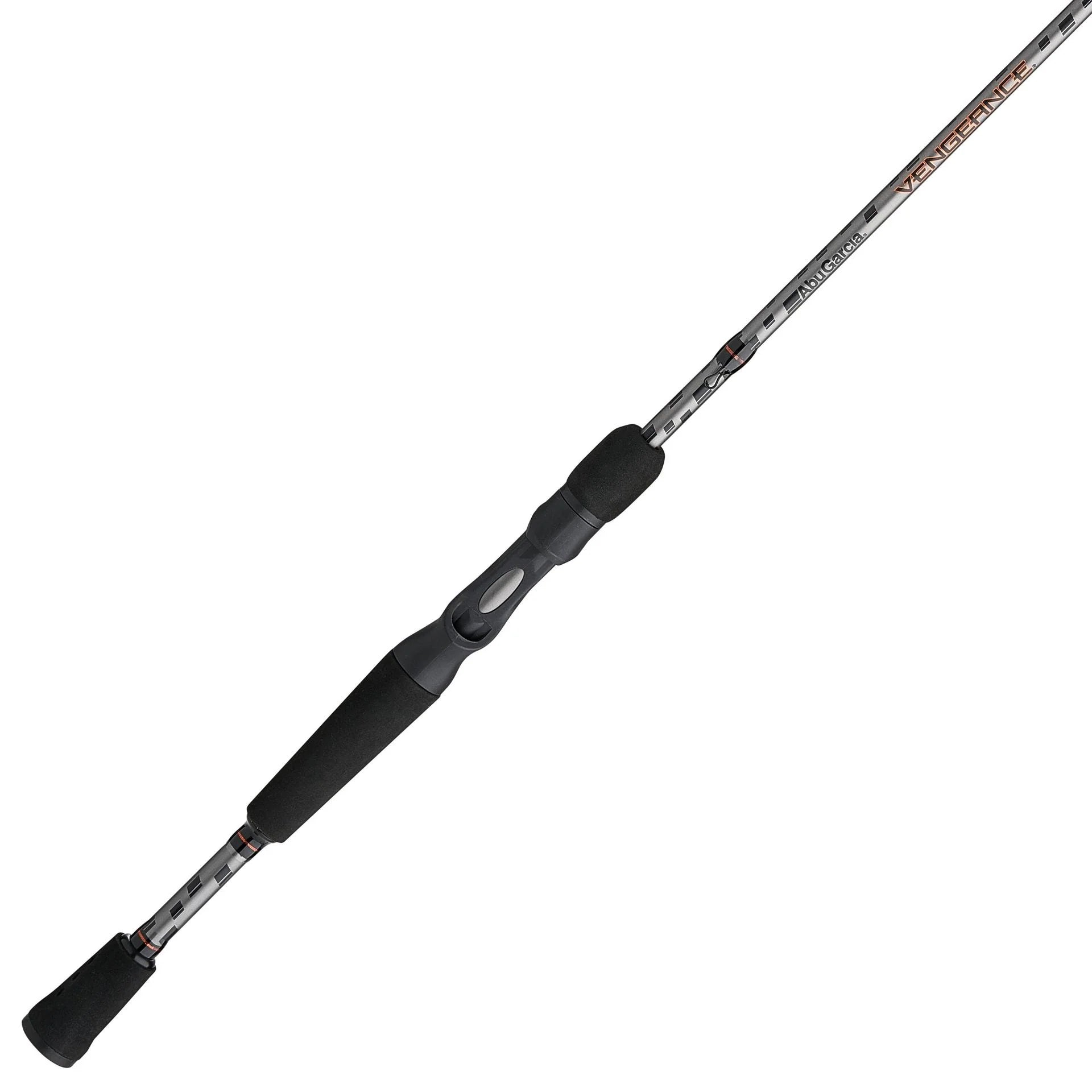 Fishing rod with black handle and silver rod on a white background